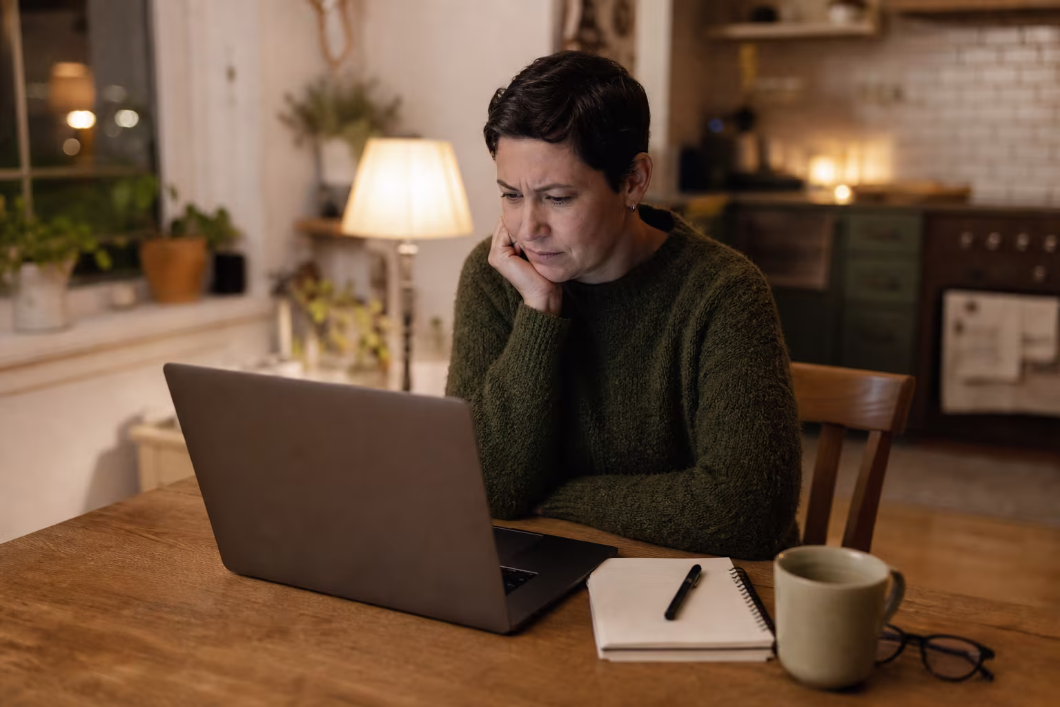 A person at a kitchen table reading something carefully on a laptop, mug and open notebook beside them
