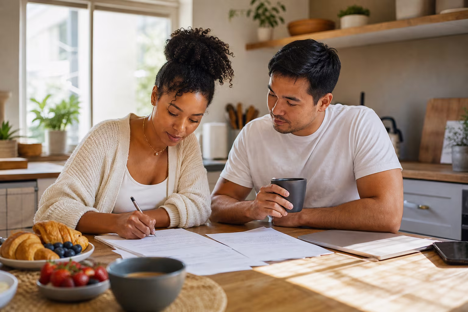 Two people at a kitchen table in the morning going through papers together over coffee