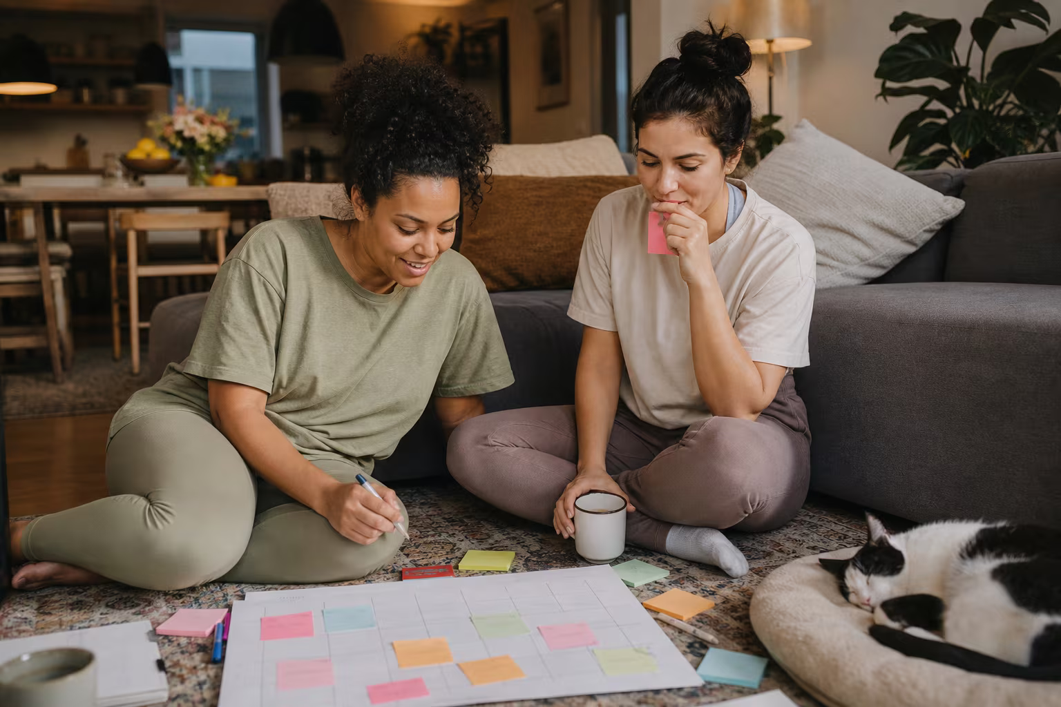 Two women sitting on a living room floor planning ahead with a wall calendar and sticky notes