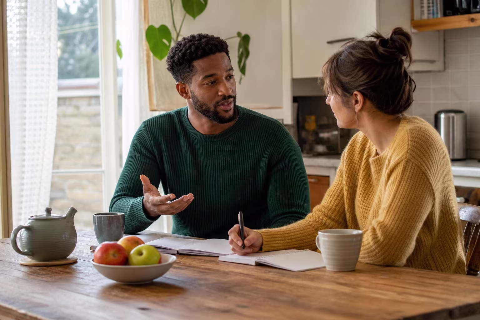 Two people sitting at a kitchen table with notebooks and mugs, talking through a list together