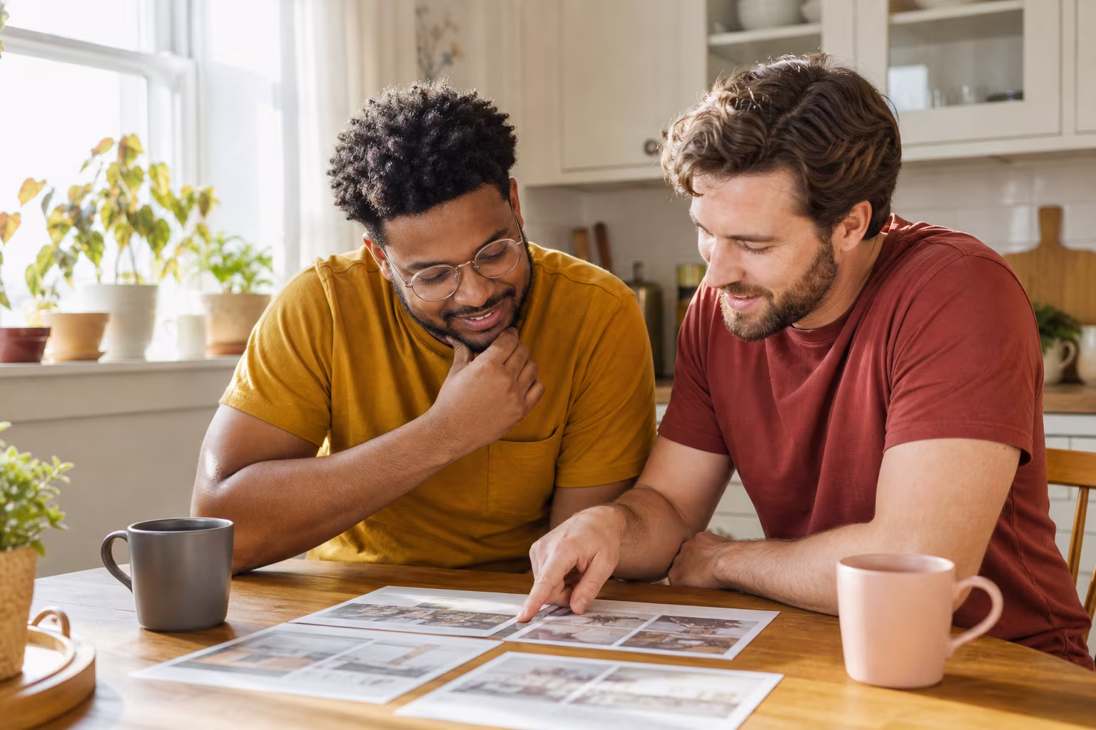 Two people sitting at a kitchen table with printed documents and mugs of coffee, going through paperwork together