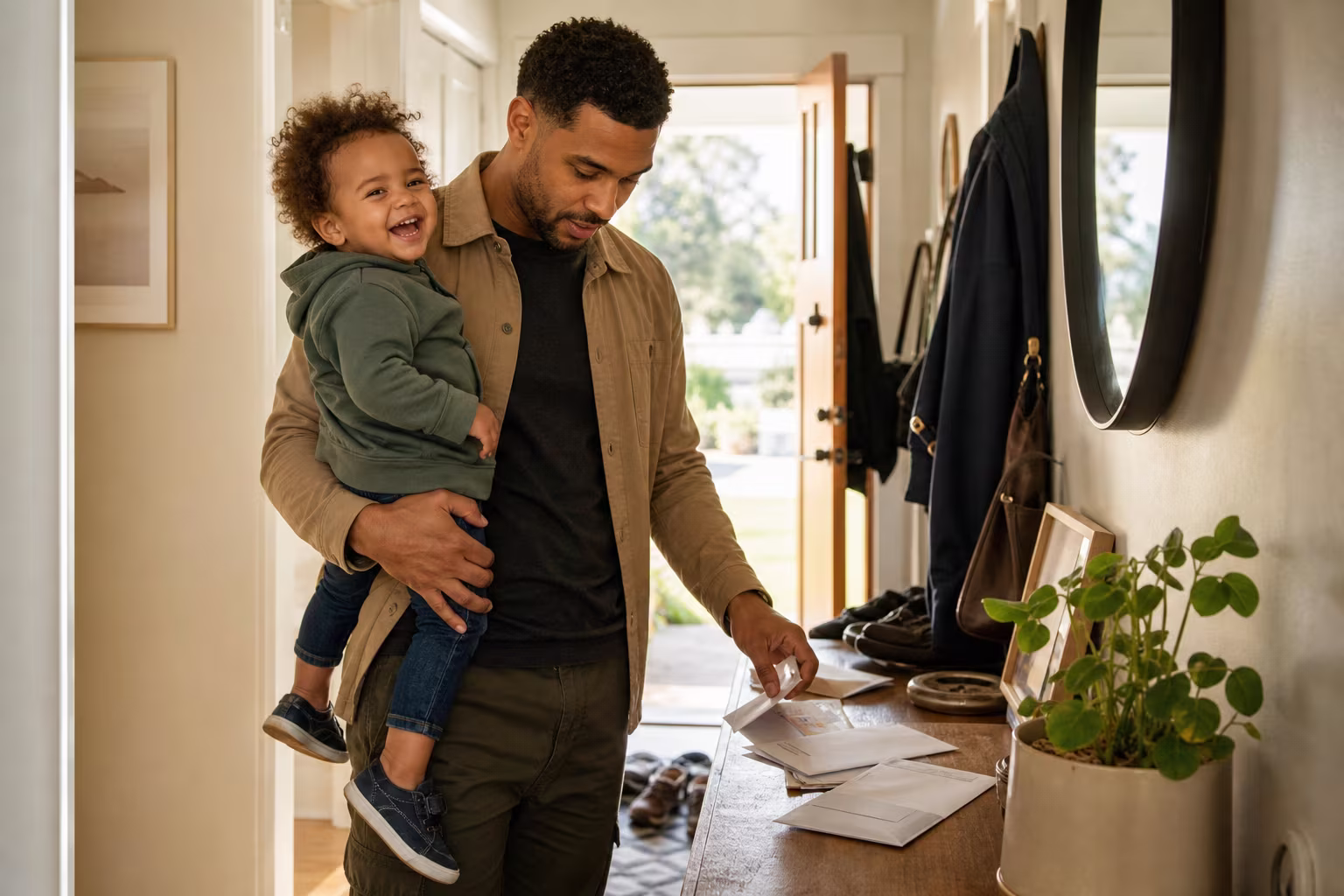 A parent holding a toddler on their hip while sorting mail in a sunlit hallway