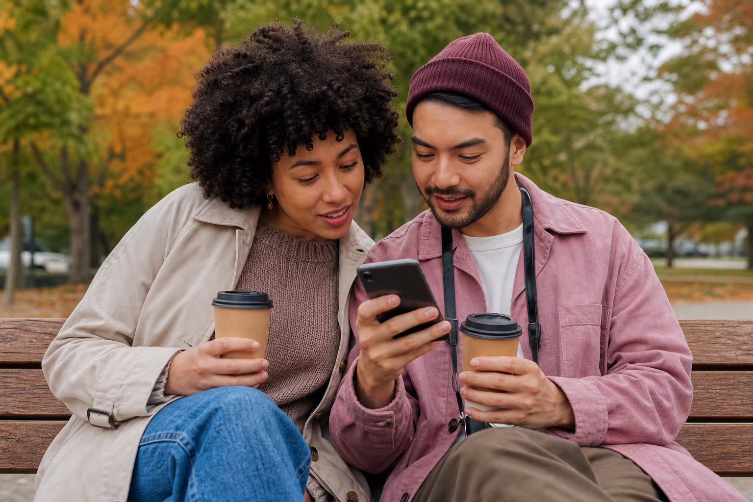 Two adults in their twenties sitting on a park bench with coffee, comparing photographs on a phone
