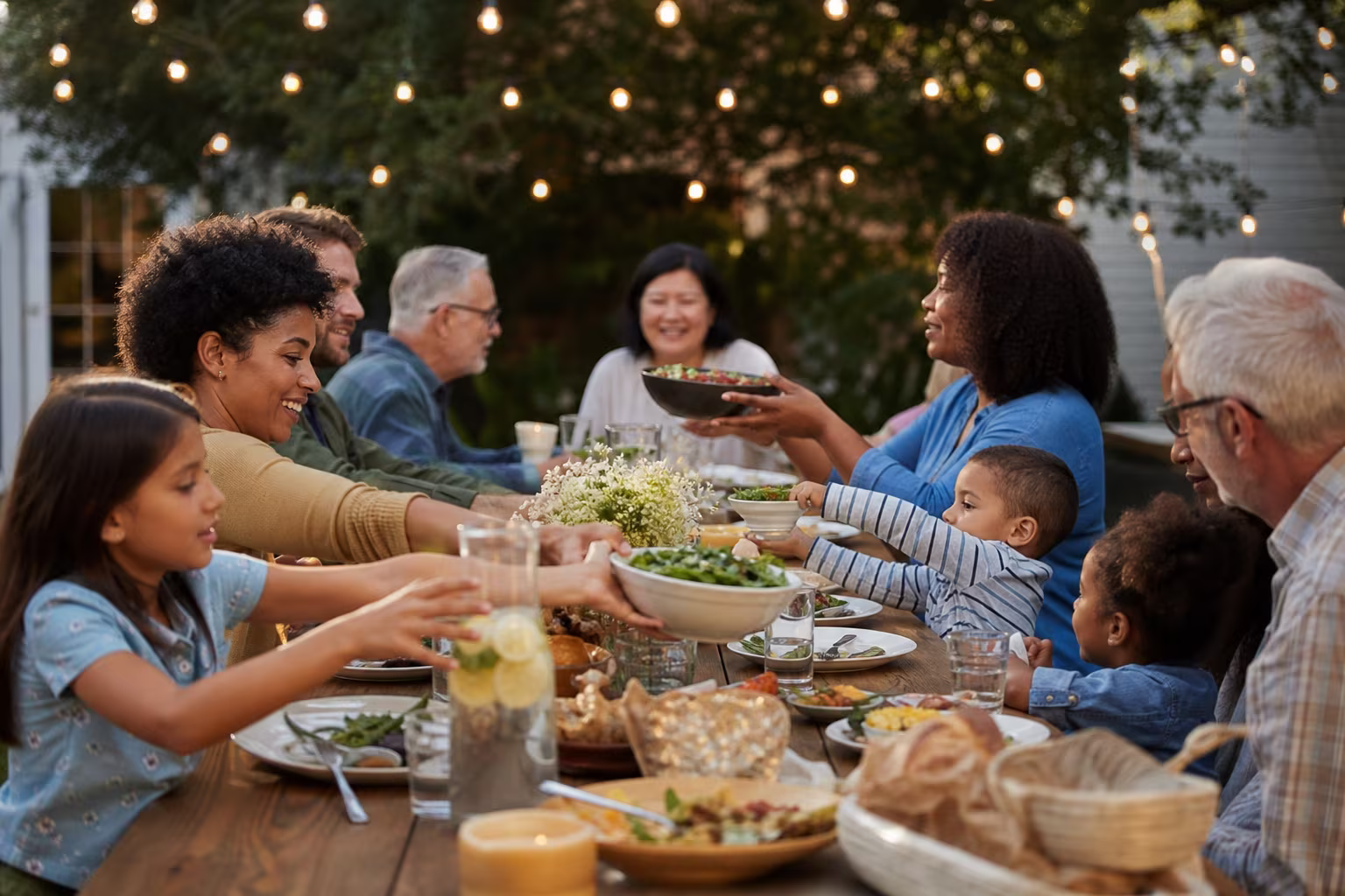 A group of children and adults sharing a long table at an outdoor family gathering