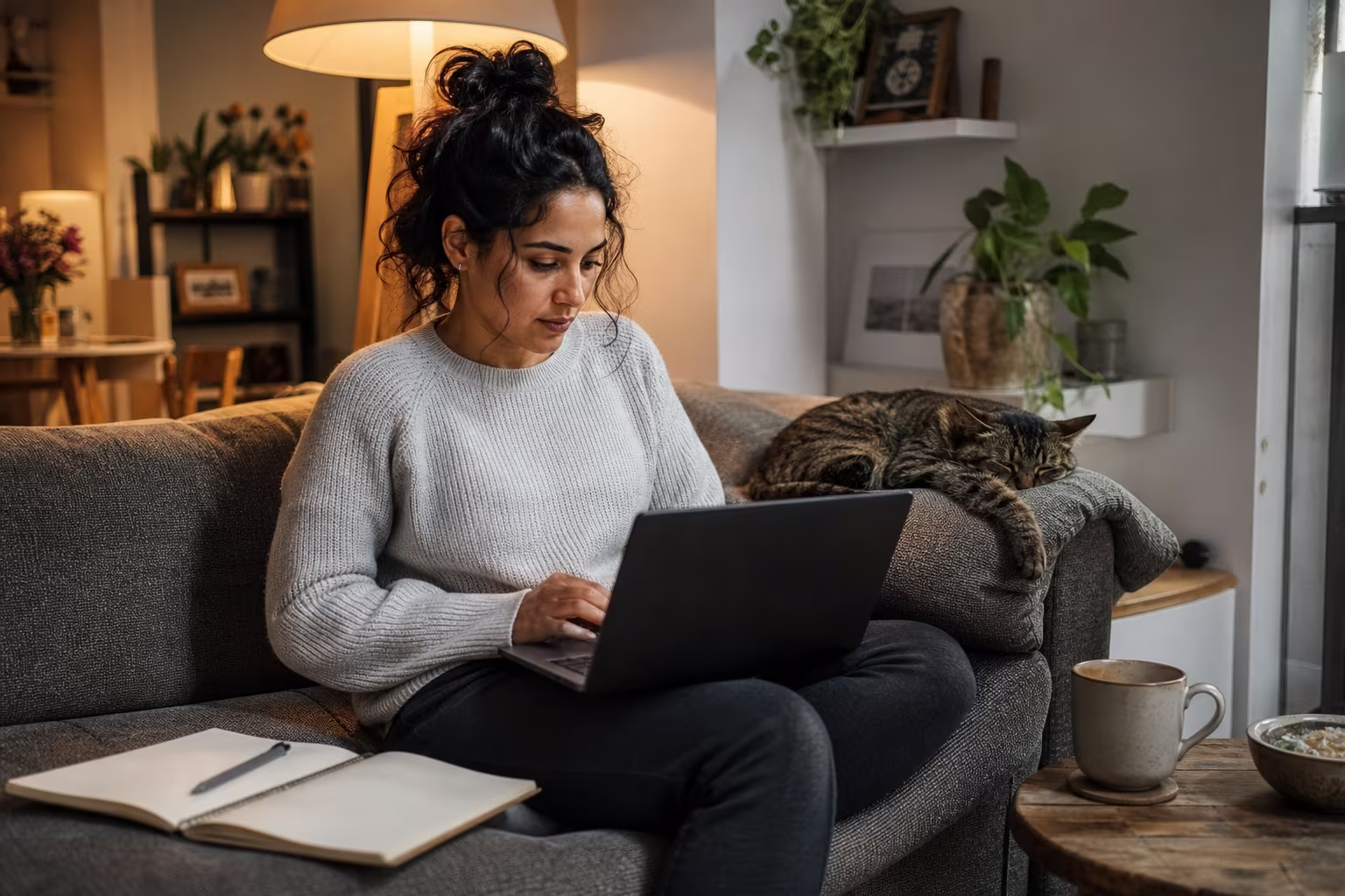 Someone sitting on a sofa with a laptop and a mug, scrolling through messages with a notebook open beside them