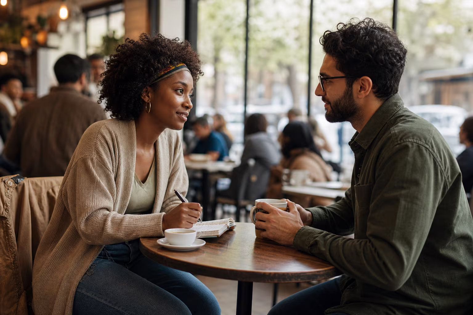 Two people talking over coffee at a small table in a busy café, both leaning in, one taking notes
