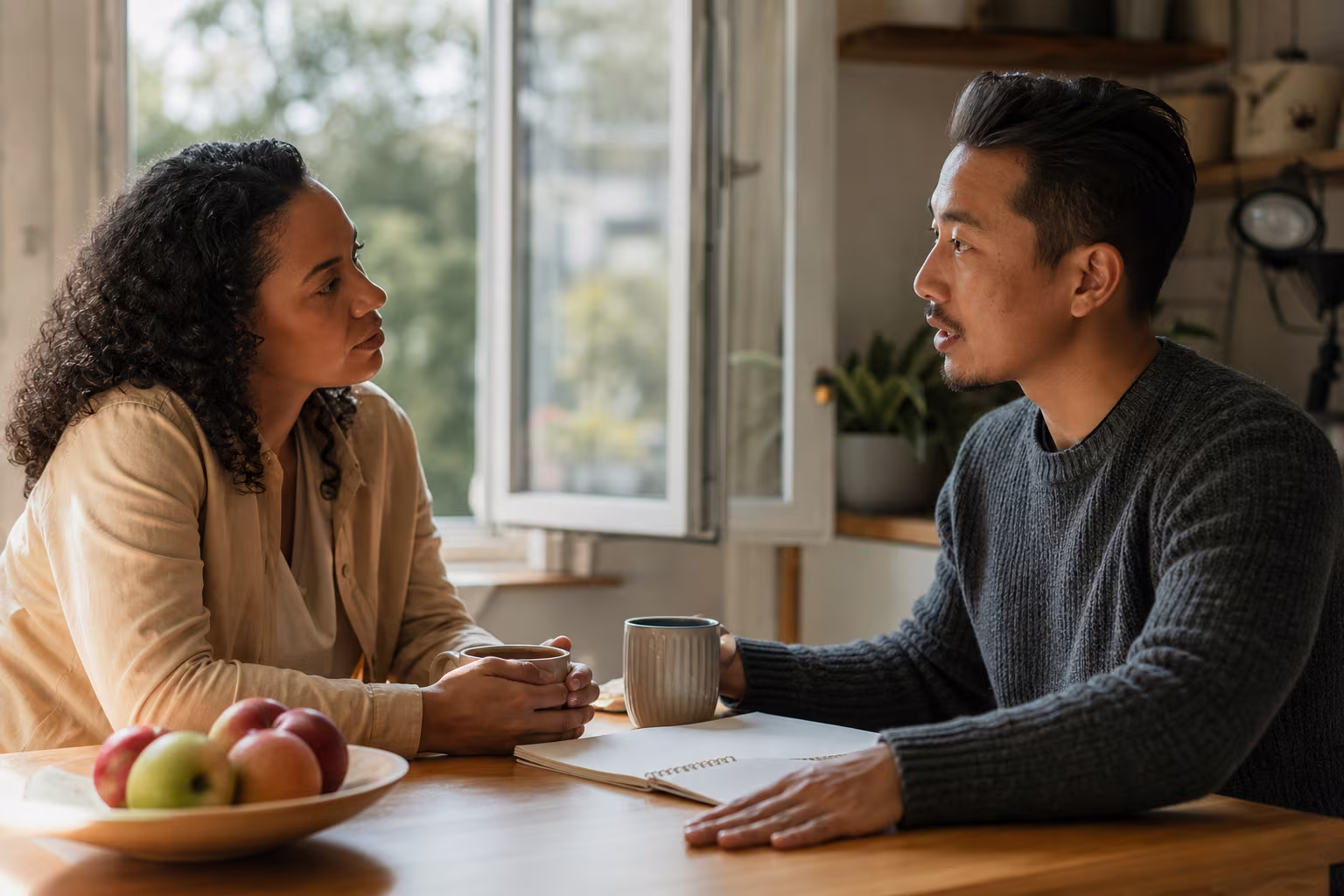 Two people talking across a kitchen table with mugs and a notebook between them