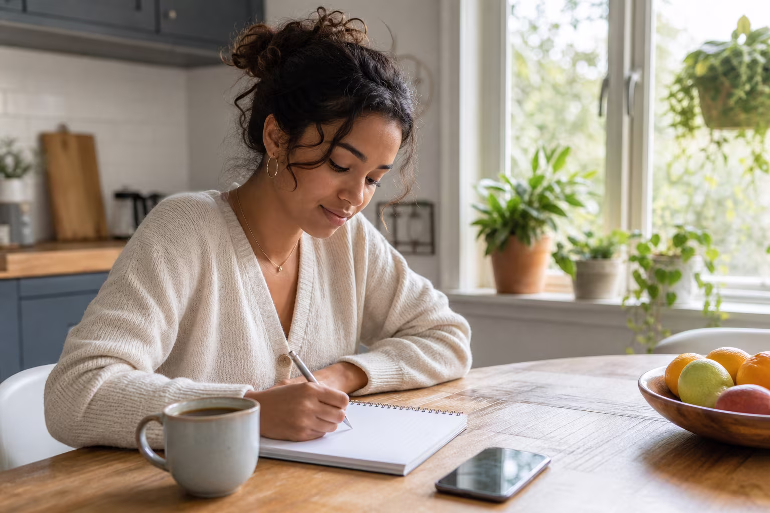 A person sitting at a kitchen table writing questions in a notebook, phone and mug beside them in morning light