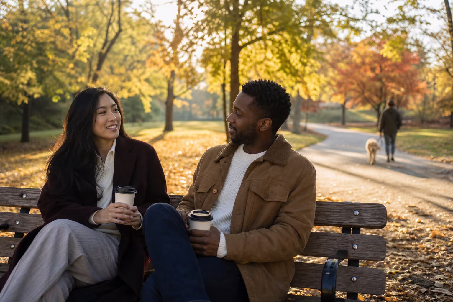 Two people sitting on a park bench with takeaway cups, talking easily on a bright afternoon