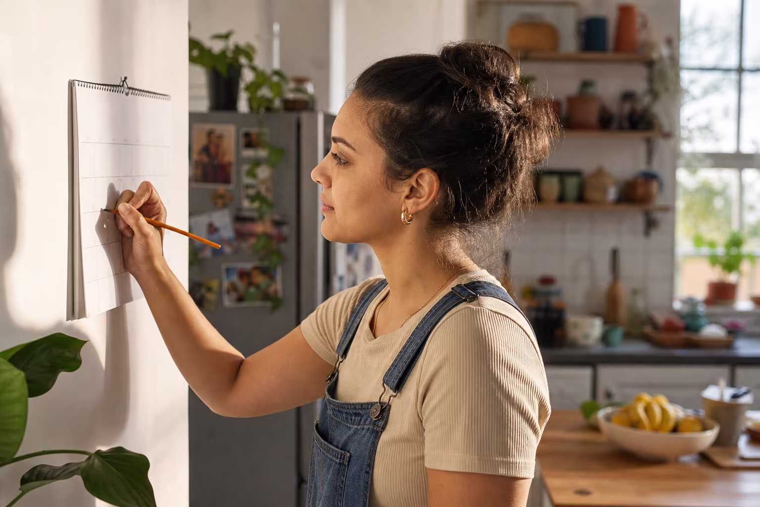A person marking cycle dates on a paper wall calendar in a sunlit kitchen