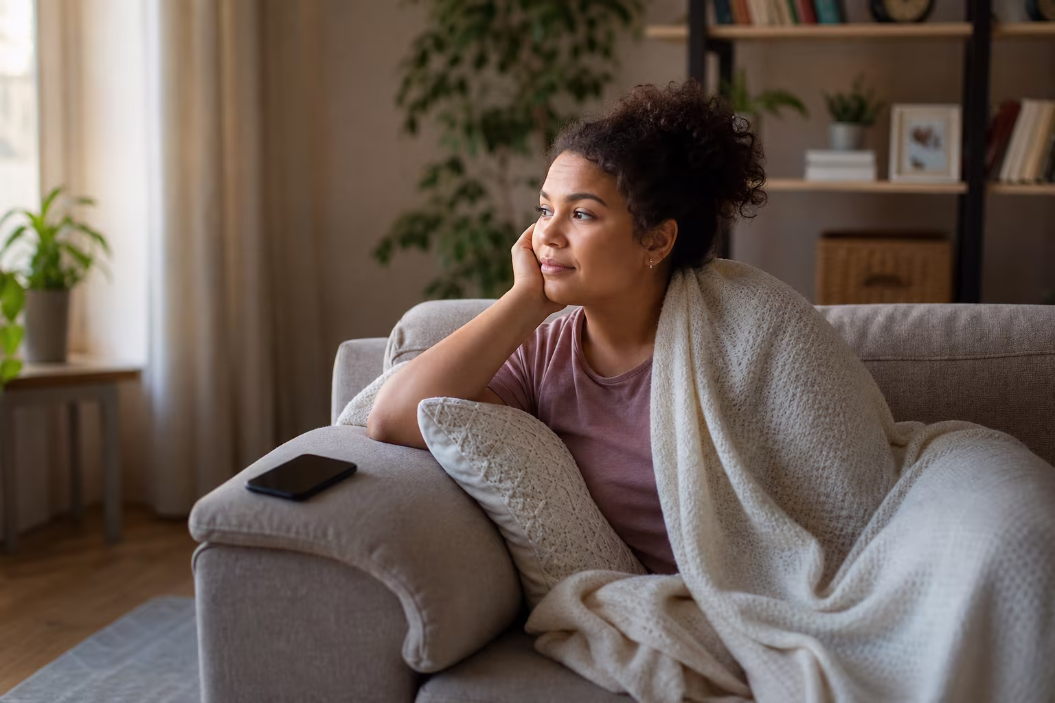 A person resting on a sofa in warm afternoon light after an insemination attempt
