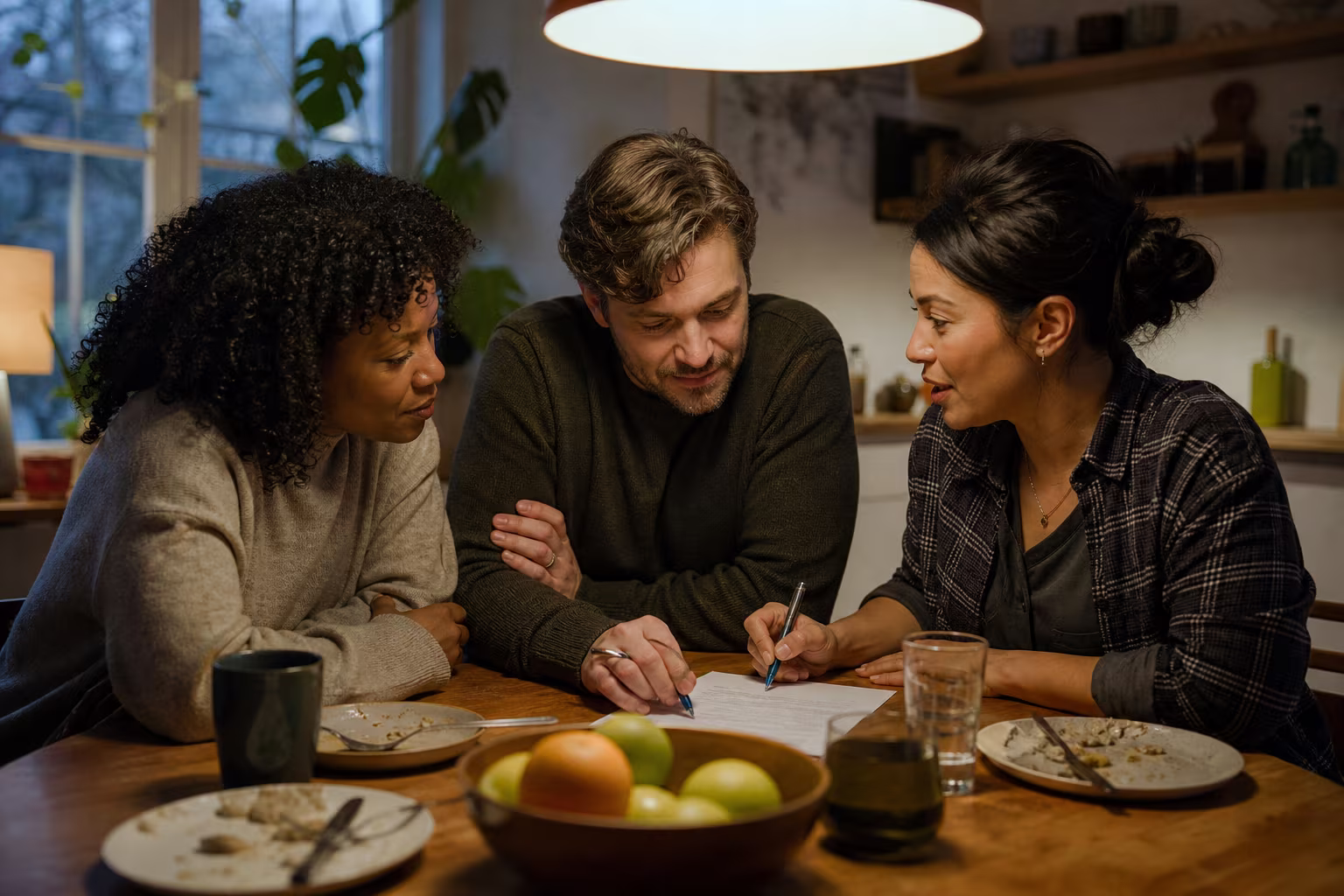 Three adults talking around a kitchen table with a printed document and pens between them