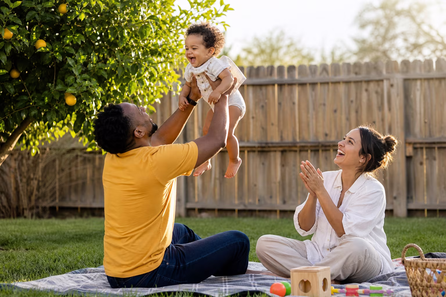 A parent lifting a toddler in a sunny backyard while another adult watches