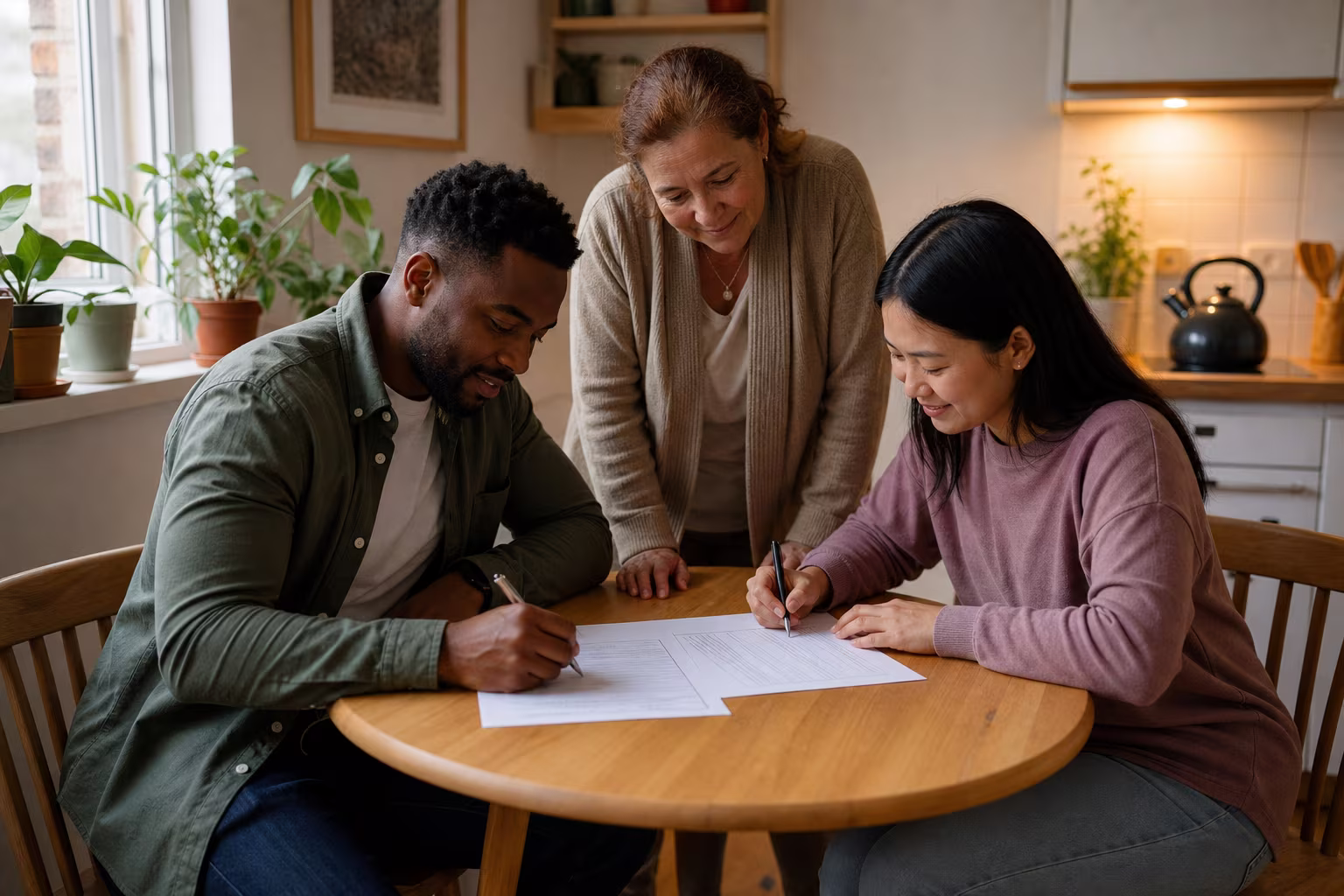 Three adults signing papers at a kitchen table in a small apartment while a neighbor witnesses