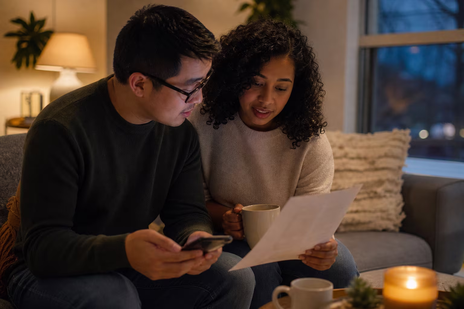 Two people sitting on a sofa with a phone and a mug, comparing notes on a printed page