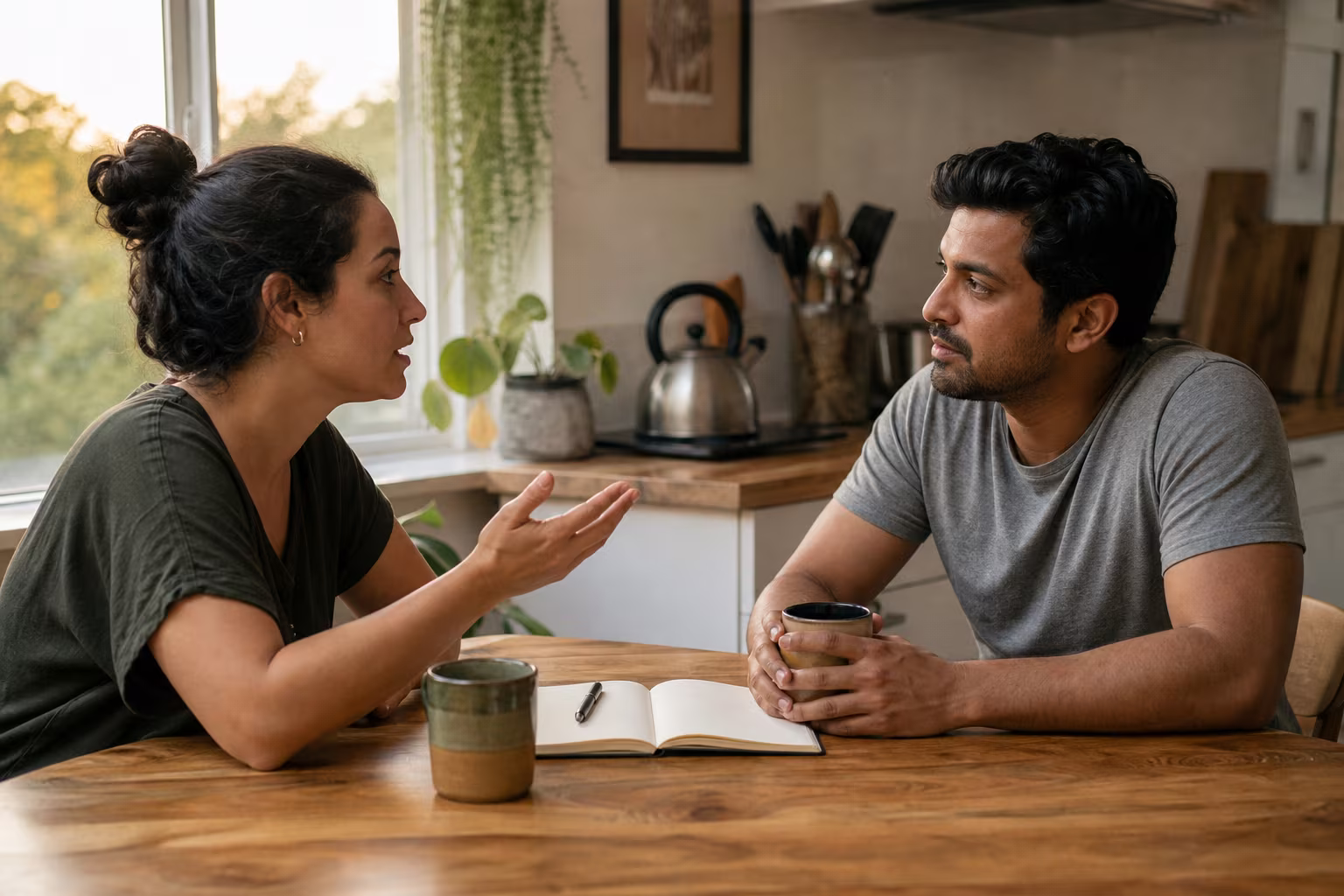 Two people talking across a kitchen table with mugs and a notebook between them