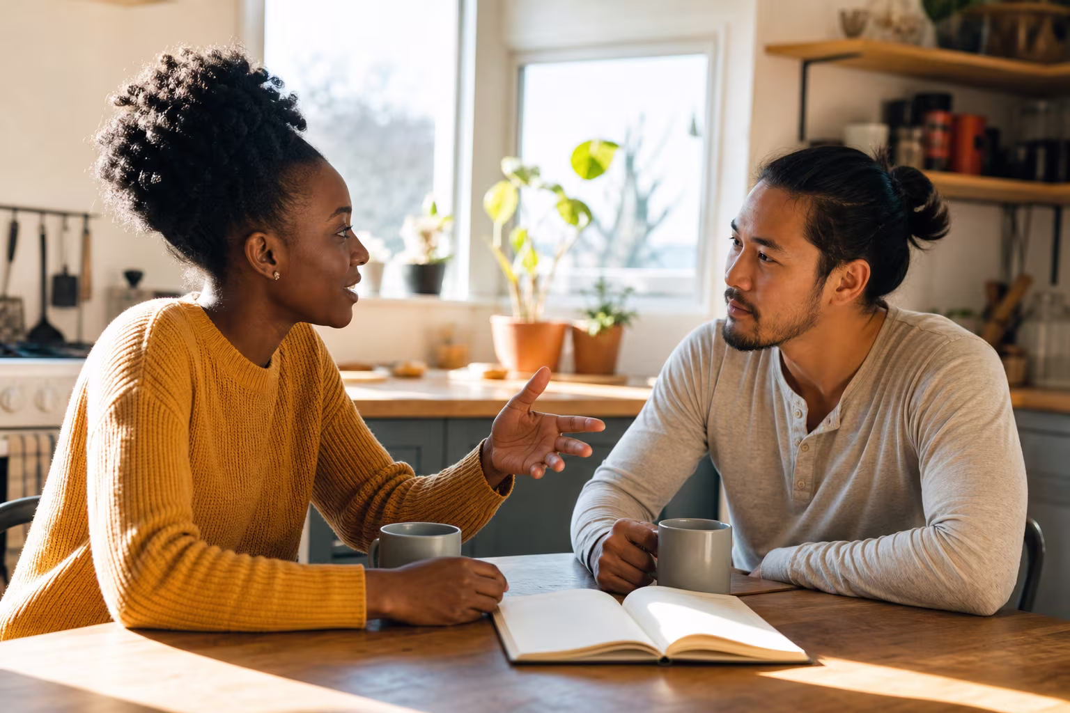 Two people sitting at a kitchen table with mugs and an open notebook, talking through a plan in morning light