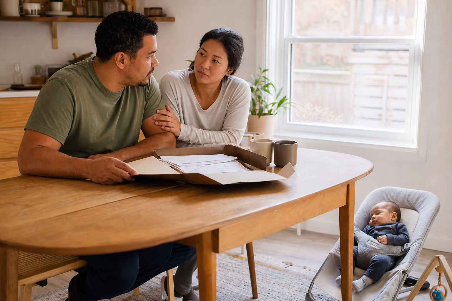 Two parents at a kitchen table with a folder of documents open between them and a baby in a bouncer nearby in the morning light