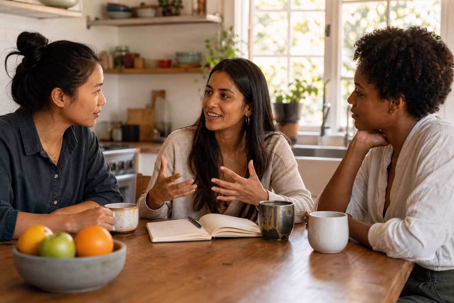 Three friends talking around a kitchen table with an open notebook and coffee cups between them, afternoon light through the window