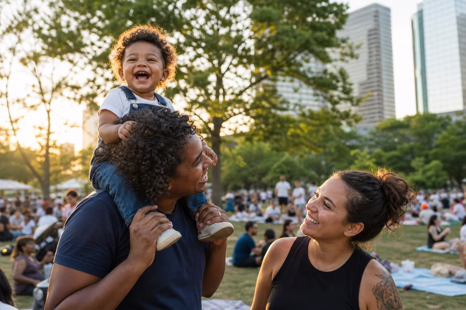 A parent lifting a toddler onto their shoulders in a park while a friend watches, warm late afternoon light