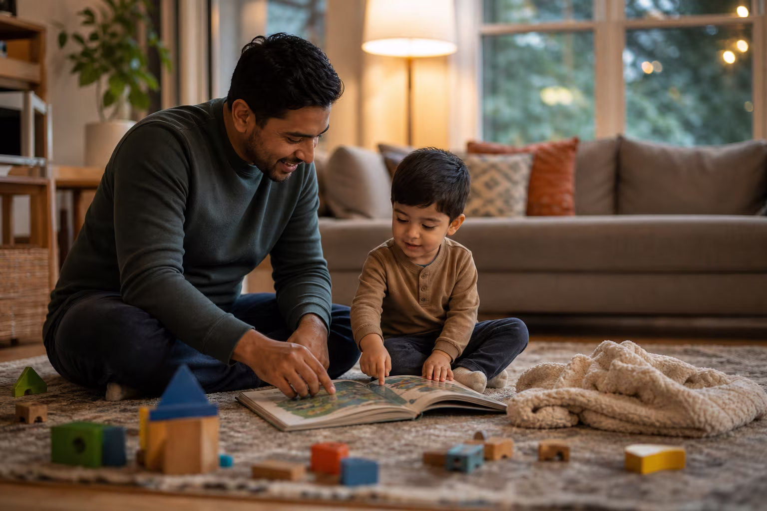 A parent and a small child sitting together on a living room floor looking at a picture book